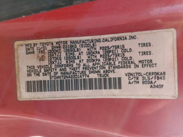 5TEWN72N42Z014774 - 2002 TOYOTA TACOMA XTR RED photo 10