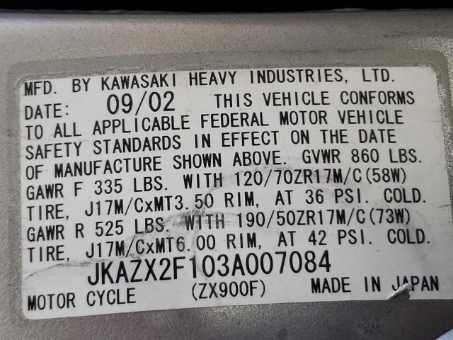 JKAZX2F103A007084 - 2003 KAWASAKI ZX900 F1 Z SILVER photo 10