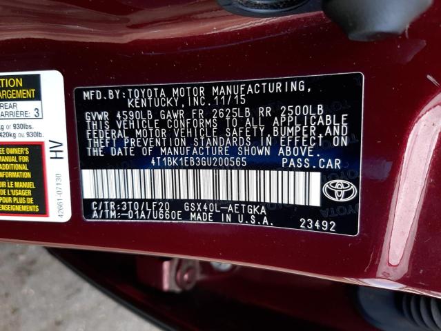 4T1BK1EB3GU200565 - 2016 TOYOTA AVALON XLE RED photo 10