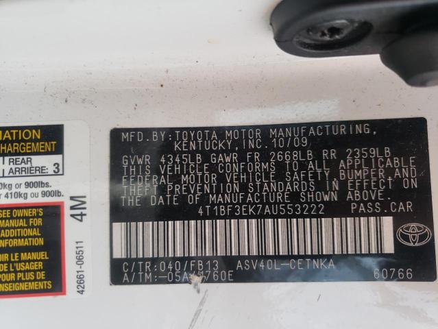 4T1BF3EK7AU553222 - 2010 TOYOTA CAMRY BASE WHITE photo 10