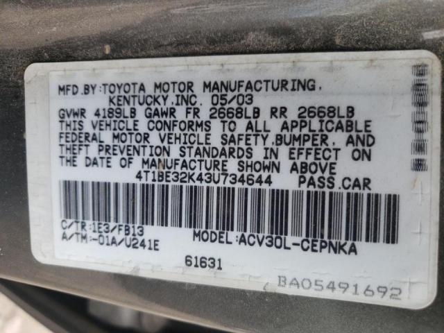 4T1BE32K43U734644 - 2003 TOYOTA CAMRY LE CHARCOAL photo 10