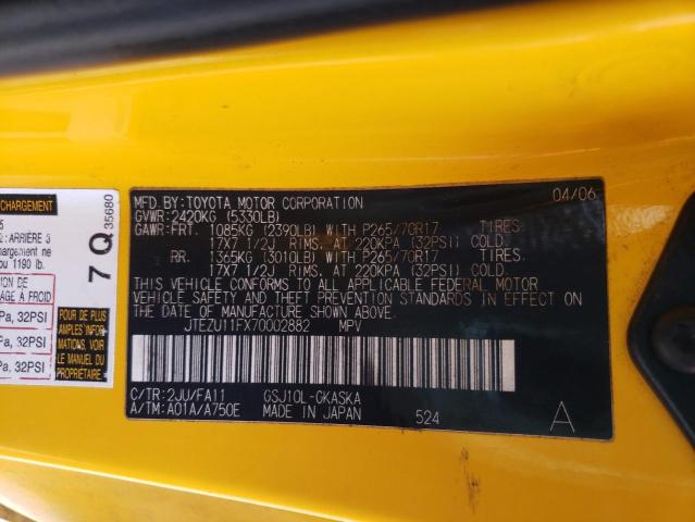 JTEZU11FX70002882 - 2007 TOYOTA FJ CRUISER YELLOW photo 10