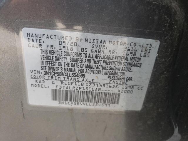 3N1CP5BV4LL554599 - 2020 NISSAN KICKS S GRAY photo 10