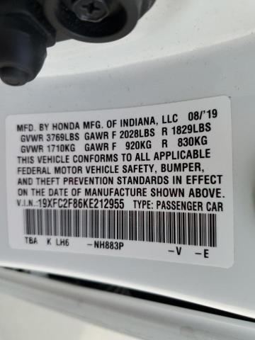 19XFC2F86KE212955 - 2019 HONDA CIVIC SPOR WHITE photo 10