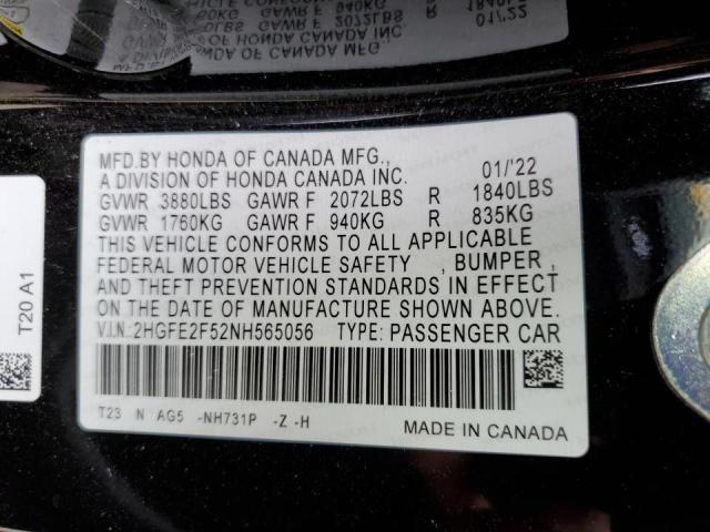 2HGFE2F52NH565056 - 2022 HONDA CIVIC SPOR BLACK photo 10