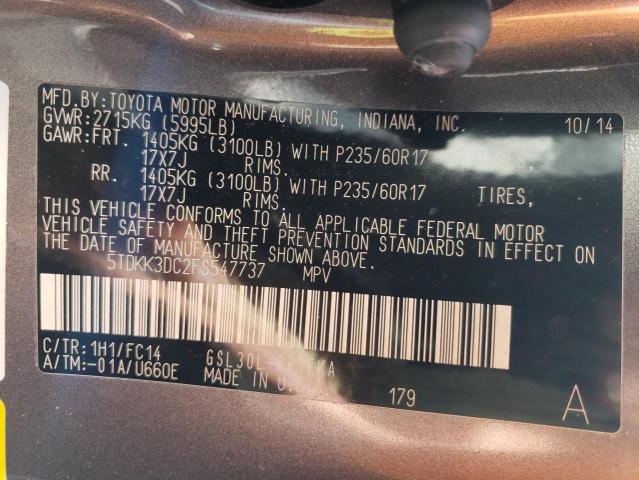 5TDKK3DC2FS547737 - 2015 TOYOTA SIENNA LE GRAY photo 10