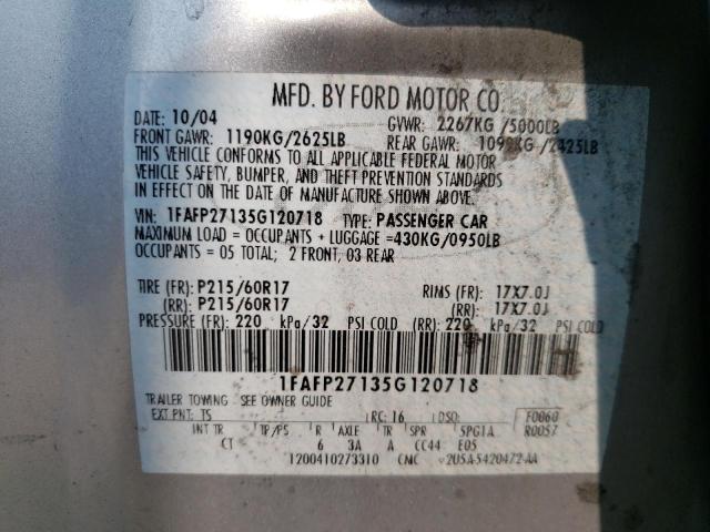 1FAFP27135G120718 - 2005 FORD FIVE HUNDR GRAY photo 10