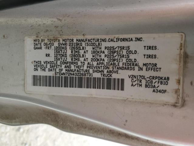 5TEWN72N43Z268731 - 2003 TOYOTA TACOMA XTR SILVER photo 10