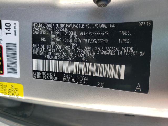 5TDJK3DC9FS115657 - 2015 TOYOTA SIENNA LE GRAY photo 10