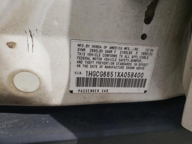 1HGCG6651XA058400 - 1999 HONDA ACCORD DX WHITE photo 10