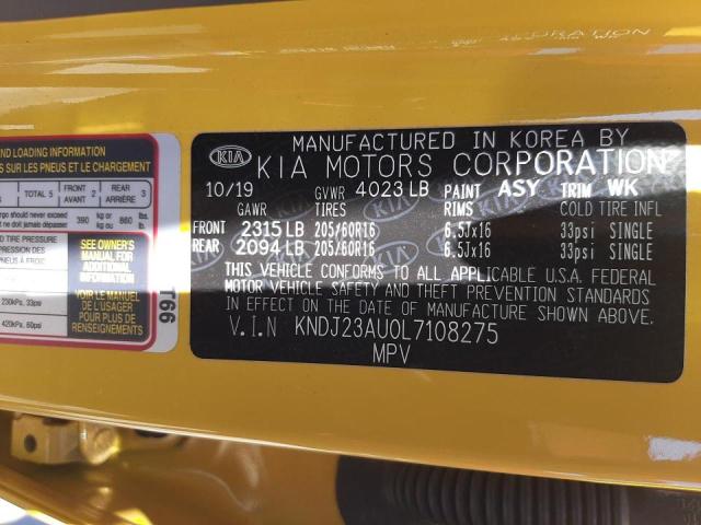 KNDJ23AU0L7108275 - 2020 KIA SOUL LX YELLOW photo 10