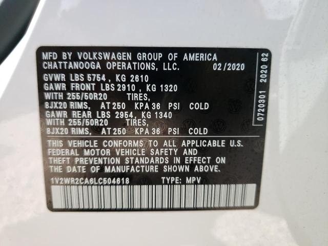 1V2WR2CA6LC504618 - 2020 VOLKSWAGEN ATLAS SE WHITE photo 10