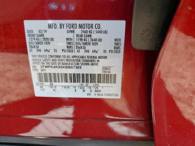 2FMPK4K95KBB67365 - 2019 FORD EDGE RED photo 10