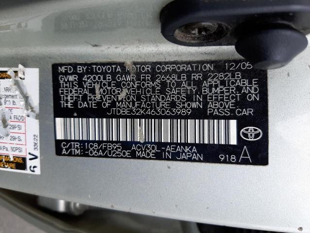 JTDBE32K463063989 - 2006 TOYOTA CAMRY LE SILVER photo 10