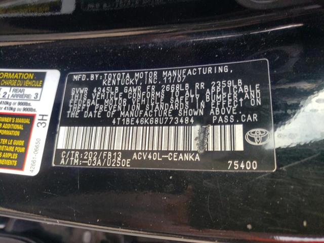 4T1BE46K68U773484 - 2008 TOYOTA CAMRY CE BLACK photo 10