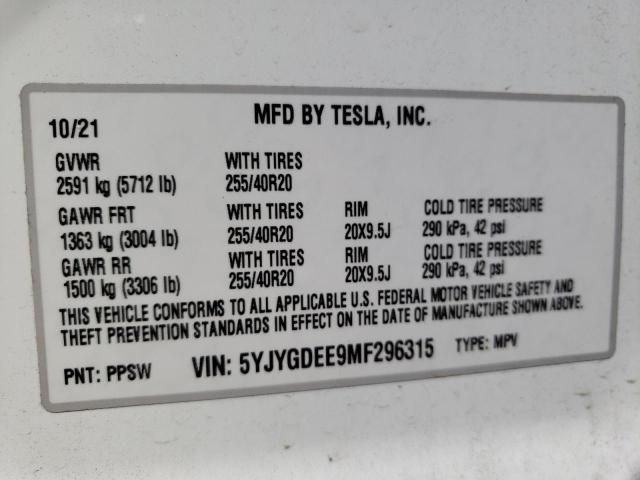 5YJYGDEE9MF296315 - 2021 TESLA MODEL Y أبيض صورة 10