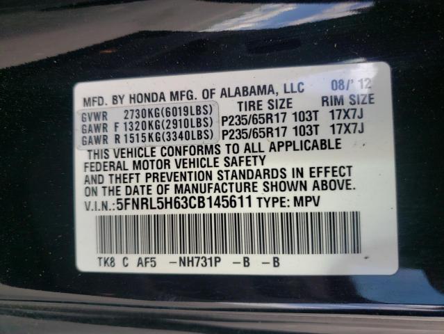 5FNRL5H63CB145611 - 2012 HONDA ODYSSEY EX BLACK photo 10