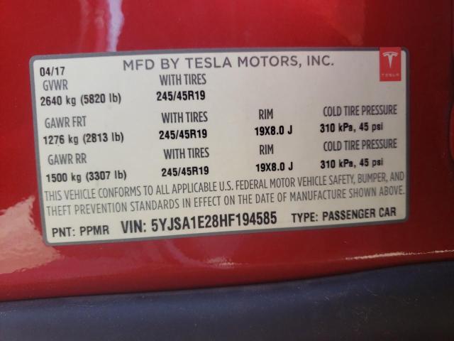 5YJSA1E28HF194585 - 2017 TESLA MODEL S Կարմիր լուսանկար 10