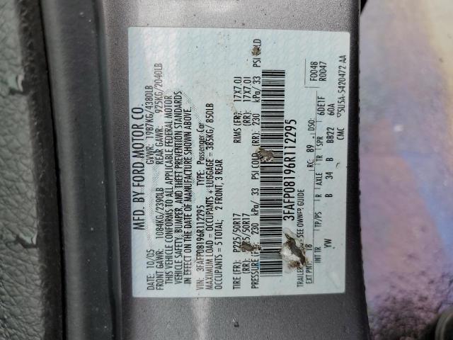 3FAFP08196R112295 - 2006 FORD FUSION SEL GRAY photo 10