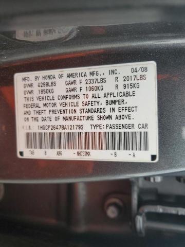 1HGCP26478A121792 - 2008 HONDA ACCORD LXP CHARCOAL photo 10