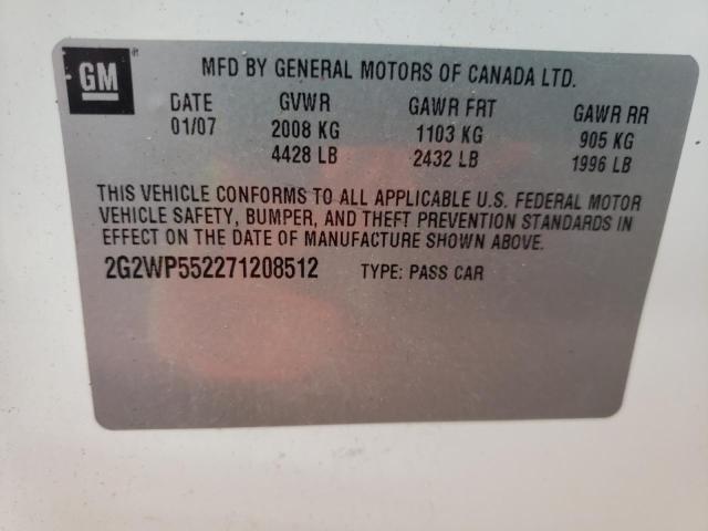 2G2WP552271208512 - 2007 PONTIAC GRAND PRIX Սպիտակ լուսանկար 10