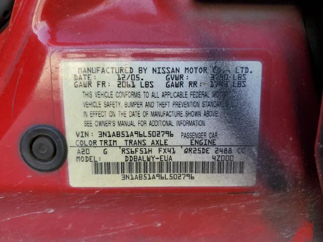 3N1AB51A96L502796 - 2006 NISSAN SENTRA SE- RED photo 10