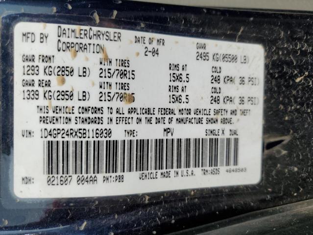 1D4GP24RX5B116030 - 2005 DODGE GRAND CARA BLUE photo 10