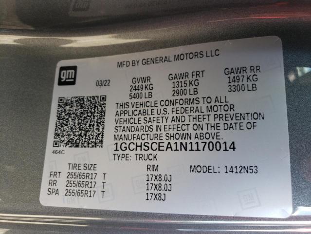 1GCHSCEA1N1170014 - 2022 CHEVROLET COLORADO L GRAY photo 10