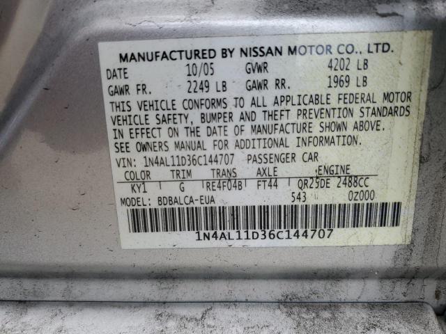 1N4AL11D36C144707 - 2006 NISSAN ALTIMA S SILVER photo 10