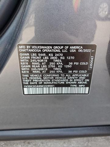 1V2DC2CAXNC226561 - 2022 VOLKSWAGEN ATLAS CROS GRAY photo 10