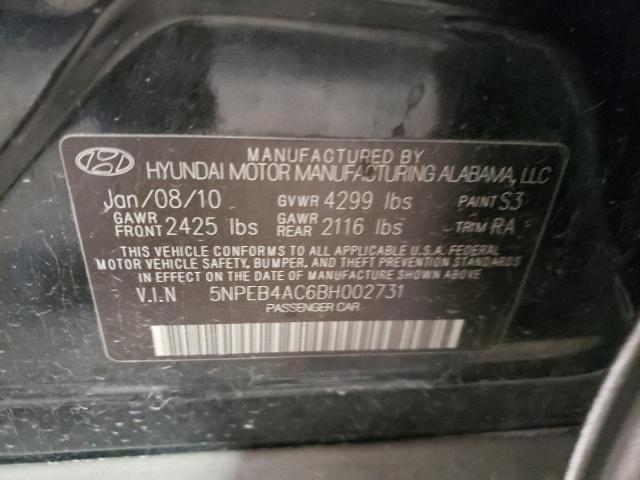 5NPEB4AC6BH002731 - 2011 HYUNDAI SONATA GLS BLACK photo 10