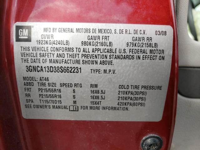 3GNCA13D38S662231 - 2008 CHEVROLET HHR LS 勃艮第红 照片 10