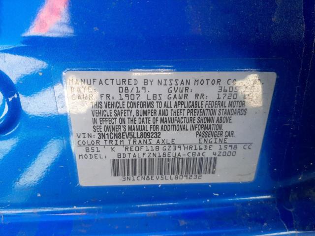 3N1CN8EV5LL809232 - 2020 NISSAN VERSA SV BLUE photo 10