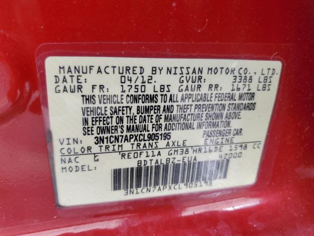 3N1CN7APXCL905195 - 2012 NISSAN VERSA S RED photo 10