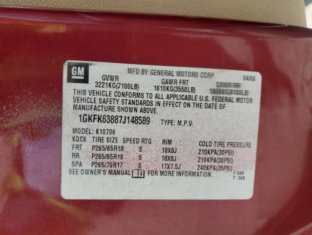 1GKFK63887J148589 - 2007 GMC YUKON DENA BURGUNDY photo 10