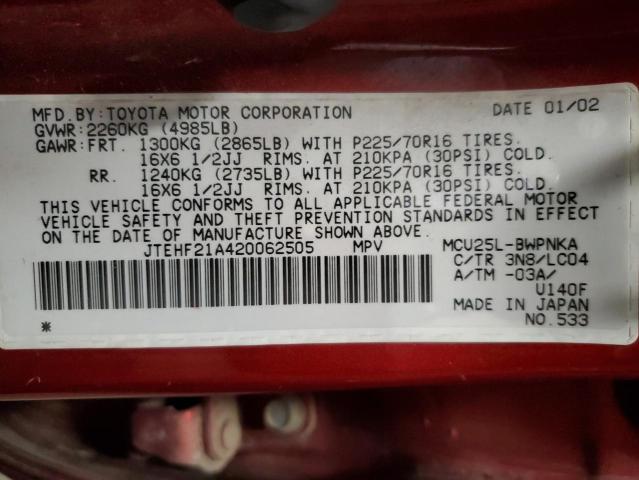 JTEHF21A420062505 - 2002 TOYOTA HIGHLANDER RED photo 10