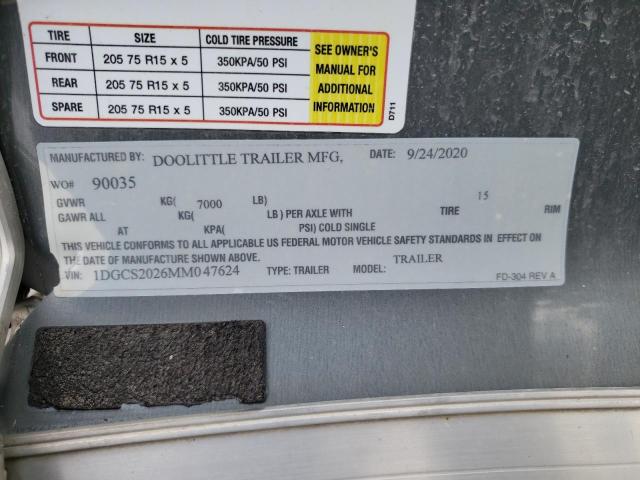 1DGCS2026MM047624 - 2021 DOOL TRAILER GRAY photo 10