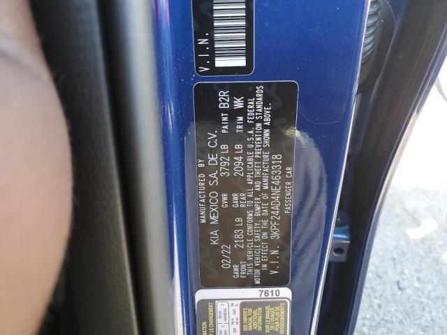 3KPF24AD4NE463318 - 2022 KIA FORTE FE BLUE photo 10