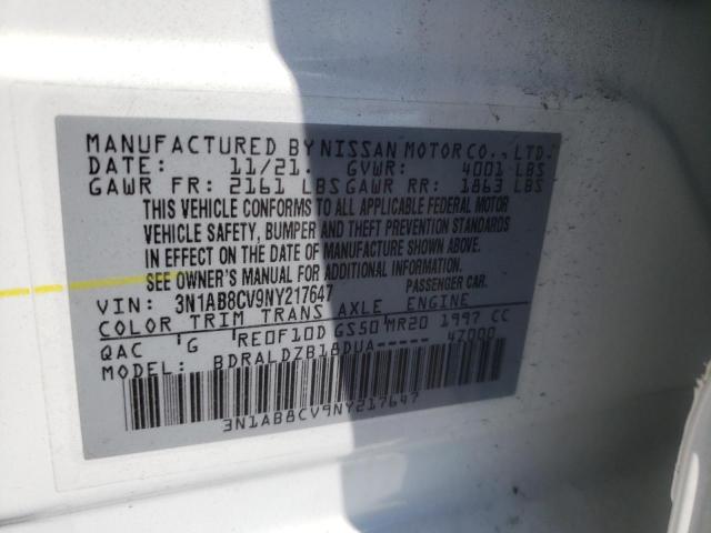 3N1AB8CV9NY217647 - 2022 NISSAN SENTRA SV WHITE photo 10