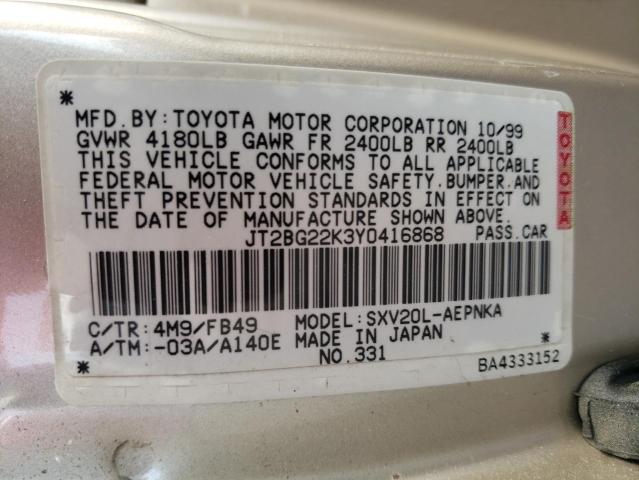 JT2BG22K3Y0416868 - 2000 TOYOTA CAMRY CE GOLD photo 10