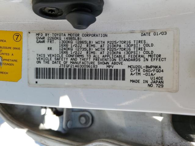 JTEGF21A630096183 - 2003 TOYOTA HIGHLANDER WHITE photo 10