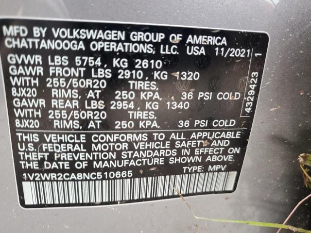 1V2WR2CA8NC510665 - 2022 VOLKSWAGEN ATLAS SE SILVER photo 10