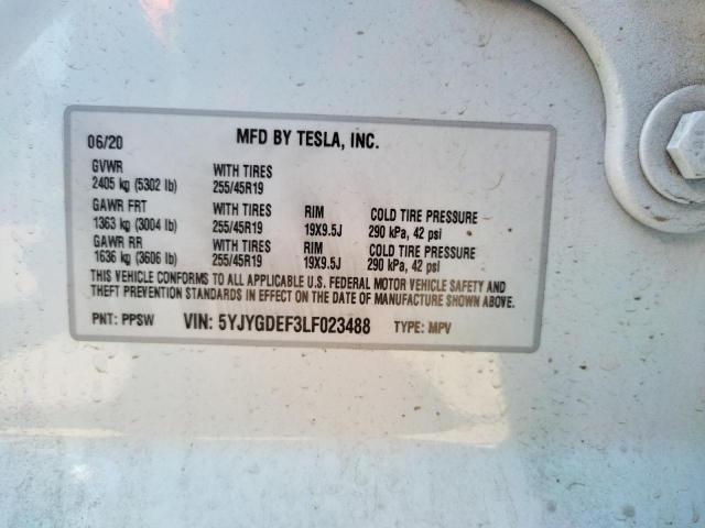5YJYGDEF3LF023488 - 2020 TESLA MODEL Y أبيض صورة 10