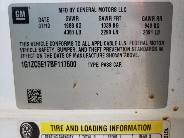 1G1ZC5E17BF117600 - 2011 CHEVROLET MALIBU 1LT 白色 照片 10