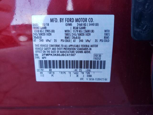 2FMPK3K80JBC61587 - 2018 FORD EDGE TITAN MAROON photo 10