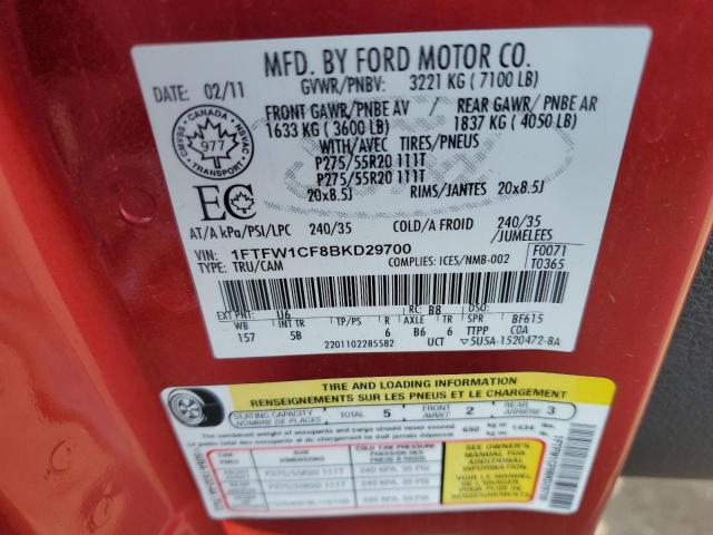 1FTFW1CF8BKD29700 - 2011 FORD F150 SUPER RED photo 10