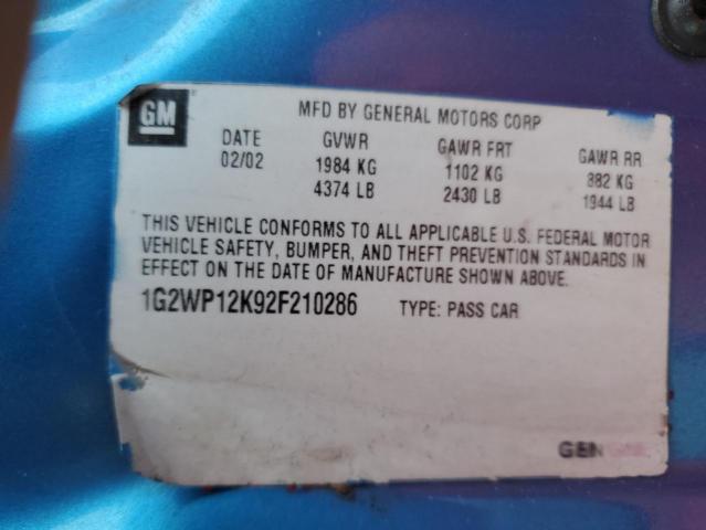 1G2WP12K92F210286 - 2002 PONTIAC GRAND PRIX ლურჯი ფოტო 10