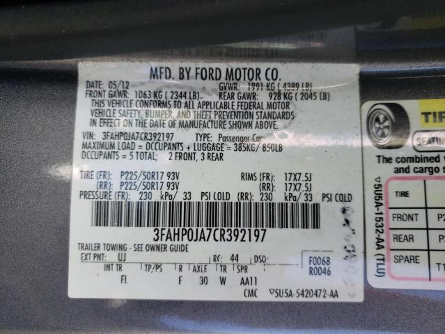 3FAHP0JA7CR392197 - 2012 FORD FUSION SEL  photo 10