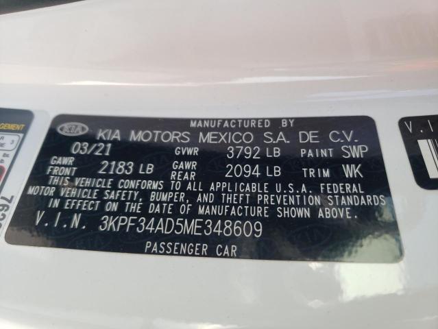 3KPF34AD5ME348609 - 2021 KIA FORTE GT L WHITE photo 10