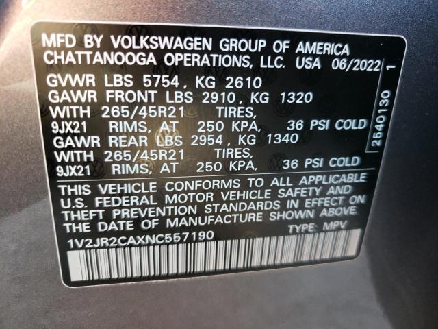 1V2JR2CAXNC557190 - 2022 VOLKSWAGEN ATLAS SE GRAY photo 10